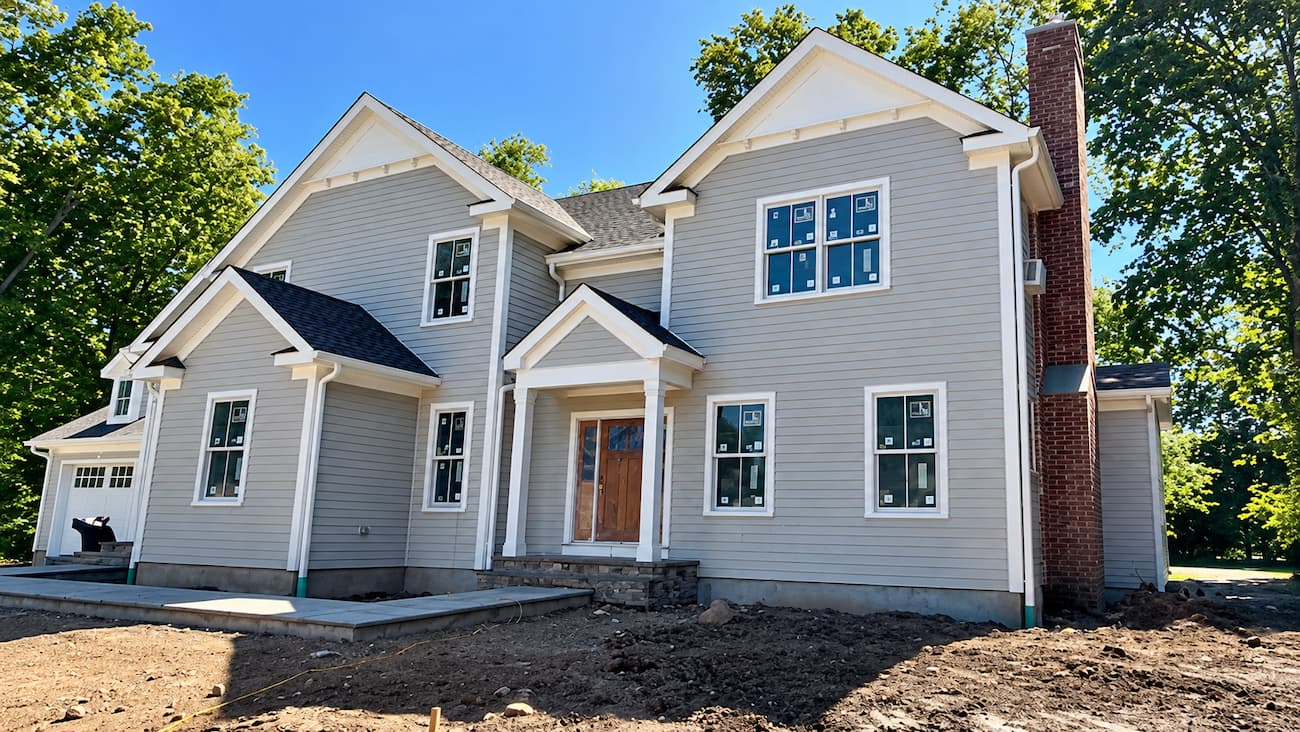 Gray lap siding, white window surrounds, prominent gables, and 6-inch white K-style gutters along the roofline.